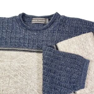 David Taylor Large Blue Cream Knit Sweater Colorblock Geometric Grandpa Core